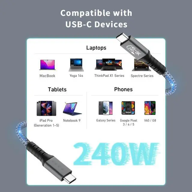 Alt view image 6 of 7 - 240W USB 4 Cable 1.64FT/0.5M, 40GBps Data Transmission, 240W (48V5A) PD Super Fast Charge, 8K @60Hz HD Extension for Thunderbolt 4, Mobile Phone, Notebook, MAC, SSD, PD3.1 and QC4.0