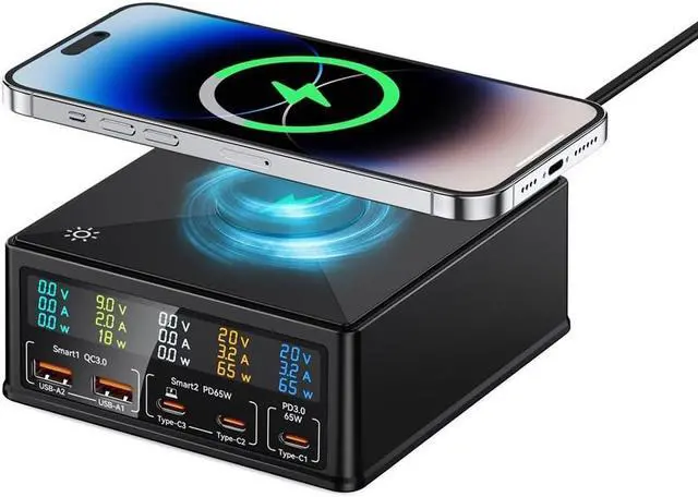 Main image of USB Charging Station, 160W 5-Port USB C Charging Station with 65W PD USB-C Port, QC3.0 Port,Wireless Charger, LCD Display Multi Port Fast USB Charging Hub for Laptop,i-Pad, Smartphones, Tablet..