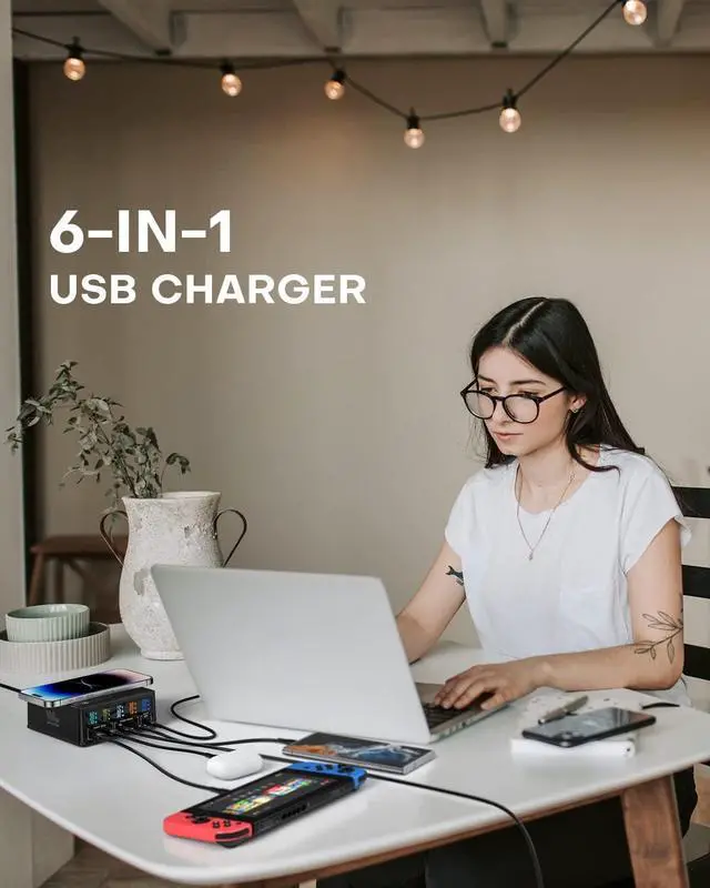 Alt view image 7 of 7 - USB Charging Station, 160W 5-Port USB C Charging Station with 65W PD USB-C Port, QC3.0 Port,Wireless Charger, LCD Display Multi Port Fast USB Charging Hub for Laptop,i-Pad, Smartphones, Tablet..