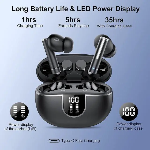 Alt view image 4 of 7 - True Wireless Earbuds, Bluetooth Headphones, Bluetooth 5.3 TWS Earbuds HiFi Stereo with 4 ENC Mic Call, 40Hrs Ear Buds with LED Display, IP7 Waterproof in Ear Earphones for Work/Home/Office (Black)