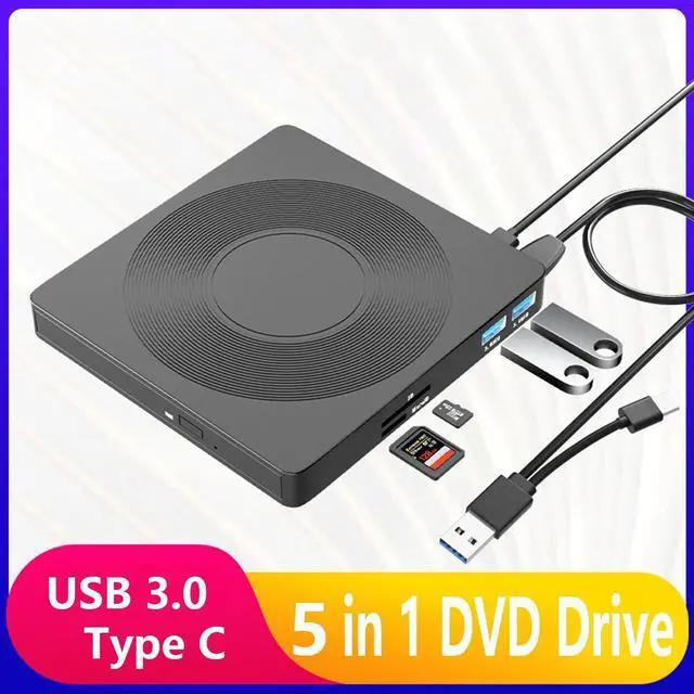 Main image of [5-in-1] External CD DVD Drive, USB 3.0 Type-C CD DVD ROM +/-RW Burner Writer Reader with TF/SD Card Slots, Slim Portable Optical Disk DVD Drive CD DVD Player for Windows 7/8/10/11 Linux MacOS (Black)