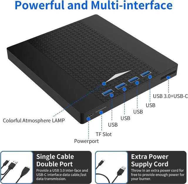Alt view image 3 of 7 - [7 in 1] Multifunction External CD/DVD Drive for Laptop, USB 3.0 & Type C DVD Player CD ROM 
 Portable CD/DVD Burner, External DVD Drive Compatible with Laptop Desktop PC Windows 11/10/8/7 Linux MacOS