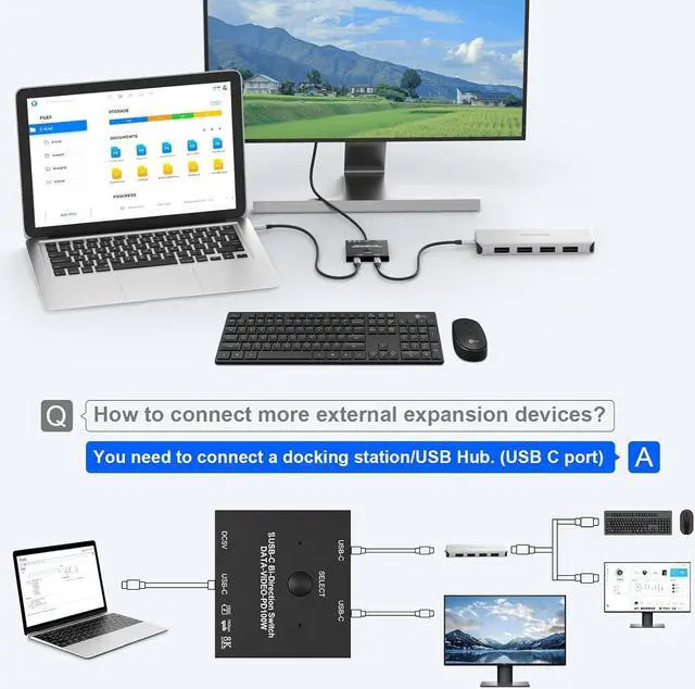 Alt view image 6 of 7 - 2 Port USB C Switch, Bi-Directional [2 in 1 Out / 1 in 2 Out] USB C Switcher 2 Computers, USB C KVM Switch Support 8K @60Hz/4K@120Hz Video/10Gbps Data Transfer/100W Charging, with 2 USB-C Cables