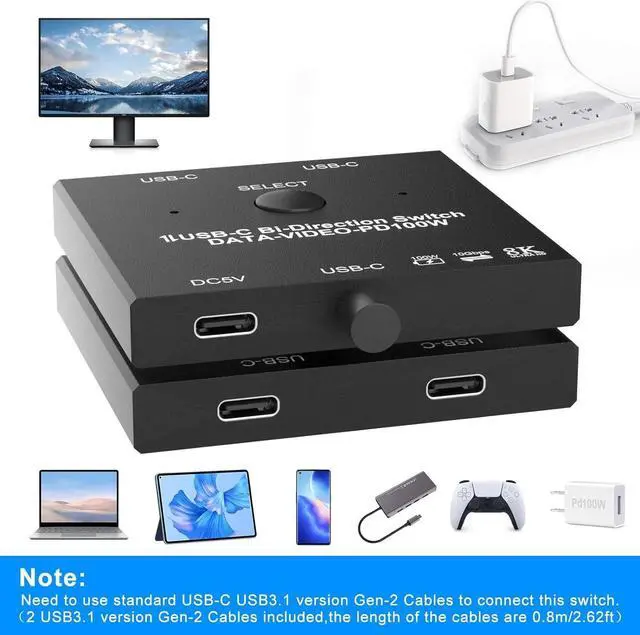 Alt view image 7 of 7 - 2 Port USB C Switch, Bi-Directional [2 in 1 Out / 1 in 2 Out] USB C Switcher 2 Computers, USB C KVM Switch Support 8K @60Hz/4K@120Hz Video/10Gbps Data Transfer/100W Charging, with 2 USB-C Cables