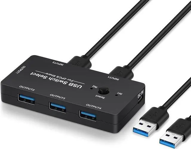 Main image of USB Switch 2 in 4 Out, USB Switcher for 2 Computers Sharing 4 USB Devices, USB 2.0 Switch Selector Box, USB KVM Switcher Selector 4 Ports for Keyboard Mouse Scanner Printer PC, With 2 Pack USB Cables