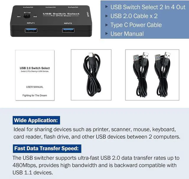 Alt view image 6 of 7 - USB Switch 2 in 4 Out, USB Switcher for 2 Computers Sharing 4 USB Devices, USB 2.0 Switch Selector Box, USB KVM Switcher Selector 4 Ports for Keyboard Mouse Scanner Printer PC, With 2 Pack USB Cables