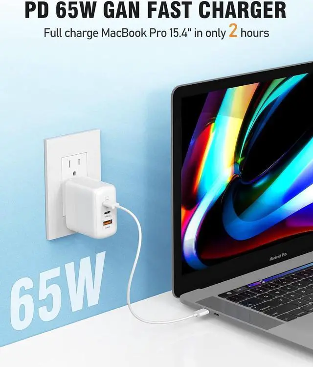 Alt view image 5 of 7 - [2 Pack] USB C Charger Block, 65W 3 Port QC+PD3.0 GaN Power Adapter Type C Fast Charging Wall Plug for Mac-Book Pro/Air, i-Pad Pro, i-Phone 15 Pro Max/14/13/12, A-ir-P-ods Pro, Galaxy S23/S22 (White)