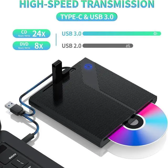 Alt view image 3 of 7 - 5 in 1 External CD/DVD Drive for Laptop, Slot in CD ROM Burner Drive, USB 3.0 Type C DVD Player Mute Portable CD/DVD Burner Writer External Disk Optical Drive Compatible with Windows, Linux, MacOS