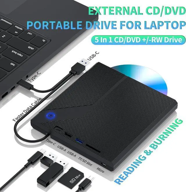 Alt view image 2 of 7 - 5 in 1 External CD/DVD Drive for Laptop, Slot in CD ROM Burner Drive, USB 3.0 Type C DVD Player Mute Portable CD/DVD Burner Writer External Disk Optical Drive Compatible with Windows, Linux, MacOS