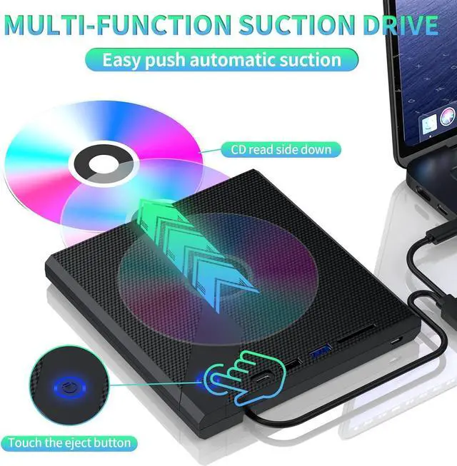 Alt view image 6 of 7 - 5 in 1 External CD/DVD Drive for Laptop, Slot in CD ROM Burner Drive, USB 3.0 Type C DVD Player Mute Portable CD/DVD Burner Writer External Disk Optical Drive Compatible with Windows, Linux, MacOS
