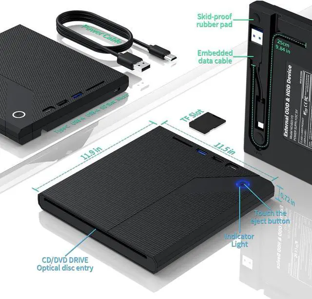 Alt view image 7 of 7 - 5 in 1 External CD/DVD Drive for Laptop, Slot in CD ROM Burner Drive, USB 3.0 Type C DVD Player Mute Portable CD/DVD Burner Writer External Disk Optical Drive Compatible with Windows, Linux, MacOS