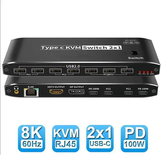 Main image of 2x1 Type C KVM Switch, 8K Thunderbolt 4 USB C KVM Switch with Ethernet Port RJ45 100W PD Charge 4K 144Hz Type C KVM Switch Switcher for 2 Computer 1 Monitor