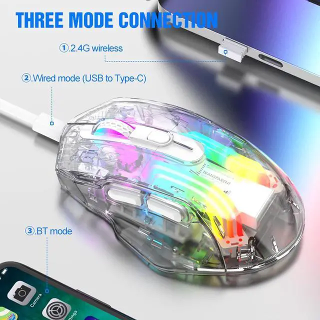 Alt view image 3 of 7 - Wireless Gaming Mice with Transparent Crystal Shell, Tri-Modes (USB Wired + 2.4G Wireless+ Bluetooth), Silent Click, Rechargeable Wireless Mouse with RGB Backlit- White