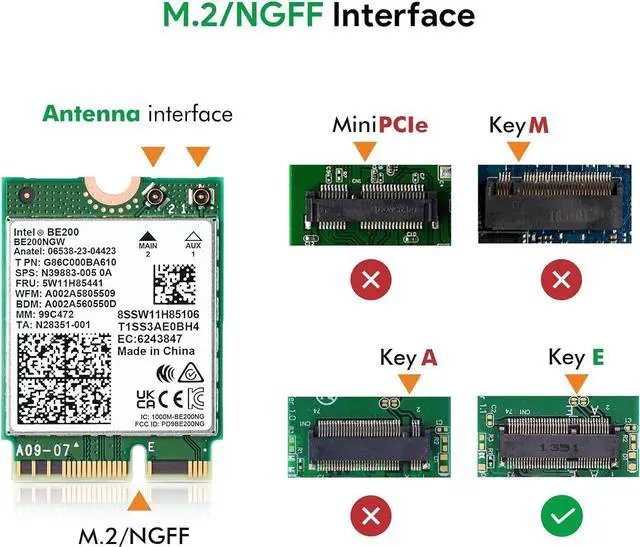 Alt view image 5 of 7 - Wireless WiFi Network Card, BE200 WiFi 7 Adapter, BE200NGW 8774Mbps Bluetooth 5.4 Tri-Band 802.11be NGFF M.2 Module, MU-MIMO, WPA4, Wireless Adapter for Laptop, Only Work for Windows 11 (64-bit)