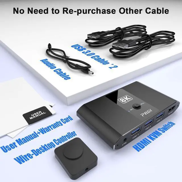 Alt view image 7 of 7 - 2 Port 8K HDMI KVM Switch Box, USB 3.0 USB and HDMI Switch Selector for 2 Computers Share Keyboard Mouse Printer and One Monitor, HDMI KVM Switch 2 in 1 Out Support UHD 8K@60Hz with Remote Controller