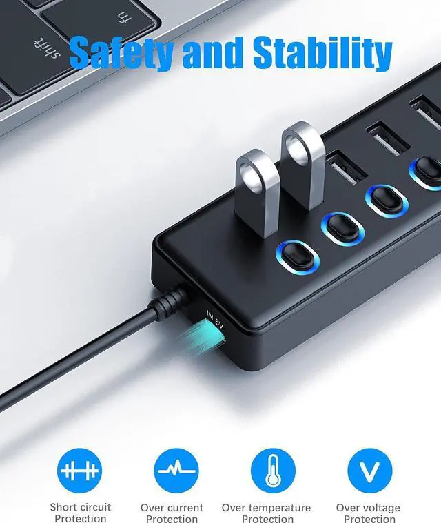 Alt view image 4 of 7 - USB 3.0 Hub, 7-Port USB 3.0 Hub Splitter with LED Individual On/Off Switches and 3ft/1M Extended Long Cable for Laptop, Mac-Book, Surface Pro, PS4/5, Flash Drive, HDD