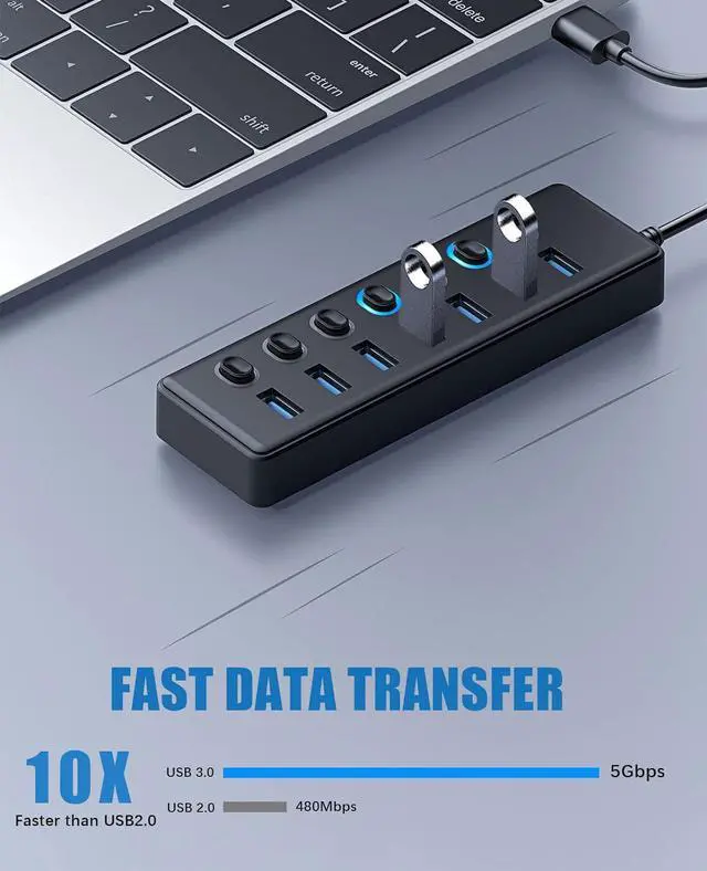 Alt view image 3 of 7 - USB 3.0 Hub, 7-Port USB 3.0 Hub Splitter with LED Individual On/Off Switches and 3ft/1M Extended Long Cable for Laptop, Mac-Book, Surface Pro, PS4/5, Flash Drive, HDD