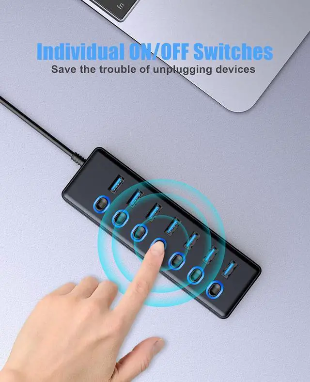Alt view image 5 of 7 - USB 3.0 Hub, 7-Port USB 3.0 Hub Splitter with LED Individual On/Off Switches and 3ft/1M Extended Long Cable for Laptop, Mac-Book, Surface Pro, PS4/5, Flash Drive, HDD