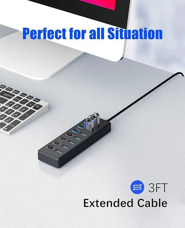 Alt view image 6 of 7 - USB 3.0 Hub, 7-Port USB 3.0 Hub Splitter with LED Individual On/Off Switches and 3ft/1M Extended Long Cable for Laptop, Mac-Book, Surface Pro, PS4/5, Flash Drive, HDD