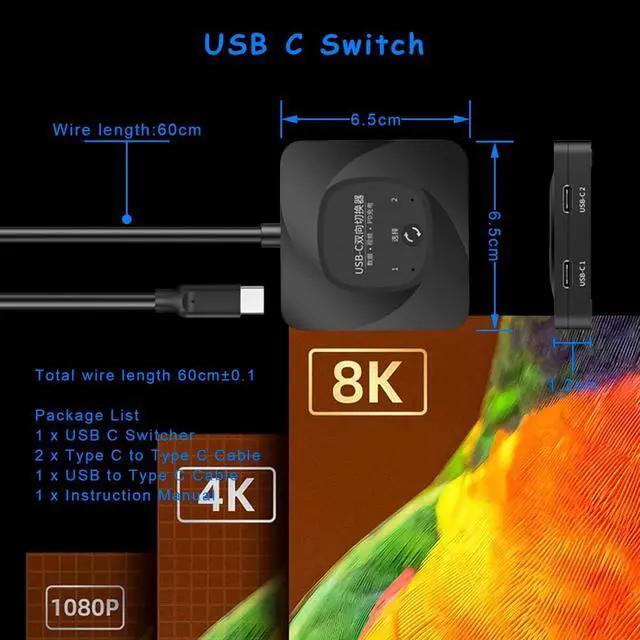 Alt view image 2 of 7 - USB C Switch, 8K 60Hz 2 in 1 Out/1 in 2 Out Bi Directional USB3.1 Type C Data Transfer Splitter, 10Gbps Data Transfer PD 100W Power Delivery Share Monitor Switch Selector with Power Indicator for PCs
