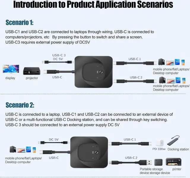 Alt view image 4 of 7 - USB C Switch, 8K 60Hz 2 in 1 Out/1 in 2 Out Bi Directional USB3.1 Type C Data Transfer Splitter, 10Gbps Data Transfer PD 100W Power Delivery Share Monitor Switch Selector with Power Indicator for PCs