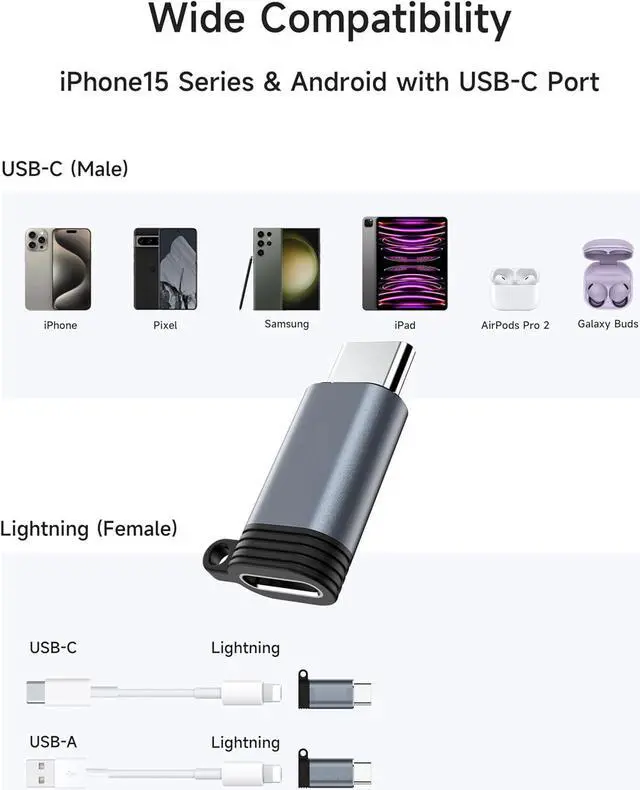 Alt view image 6 of 7 - [4 Pack] Lightning Female to USB C Male Adapter, Type C Charger Converter, Support Charging & Data Transfer Compatible with i-P-hone 15, iPad, Air, S-a-m-s-u-n-g, Pixel, Not for Audio/OTG