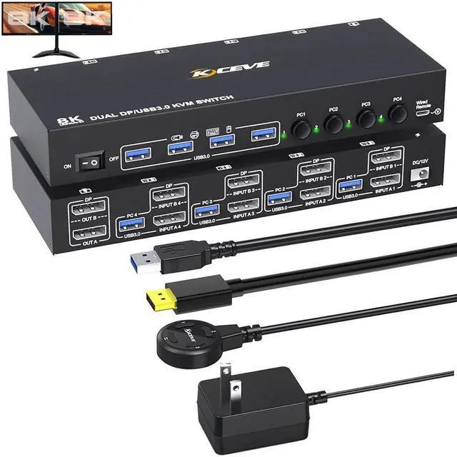 Main image of DisplayPort KVM Switch 4 PC 2 Monitors 8K@30Hz 4K@144Hz, Dual Monitor DP1.4 Displayport KVM Switch DP Monitor Switch with 4 USB 3.0 Ports for 4 PC/Laptops, with DP+USB Cable and Desktop Controller