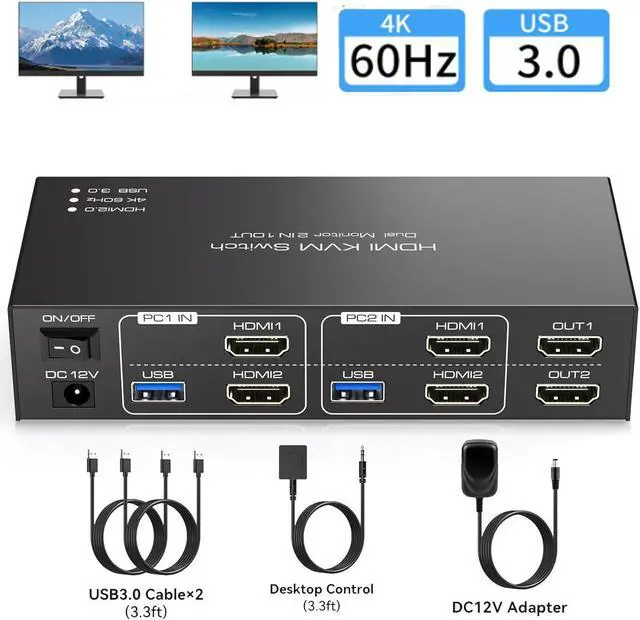 Main image of Dual Monitor HDMI KVM Switch, 2 Port HDMI KVM Switch Support 4K@60Hz USB 3.0 KVM Switches for 2 Computers Share 2 Monitors and 4 USB 3.0 Ports Such as Keyboards, Mice Printers and U Disk