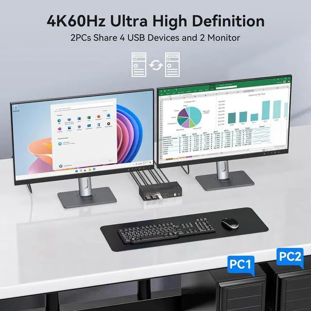 Alt view image 4 of 7 - Dual Monitor HDMI KVM Switch, 2 Port HDMI KVM Switch Support 4K@60Hz USB 3.0 KVM Switches for 2 Computers Share 2 Monitors and 4 USB 3.0 Ports Such as Keyboards, Mice Printers and U Disk