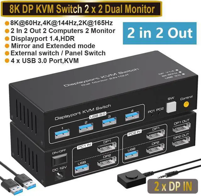 Main image of 2 Port DisplayPort KVM Switch Dual Monitor Support 8K @60Hz 4K @120Hz, USB 3.0 DP KVM Switches 2 in 2 Out for 2 Computers share 2 Monitors and 4 USB devices with External Kit and Power Adapter