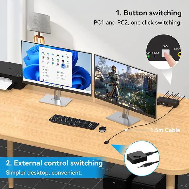 Alt view image 4 of 7 - 2 Port DisplayPort KVM Switch Dual Monitor Support 8K @60Hz 4K @120Hz, USB 3.0 DP KVM Switches 2 in 2 Out for 2 Computers share 2 Monitors and 4 USB devices with External Kit and Power Adapter
