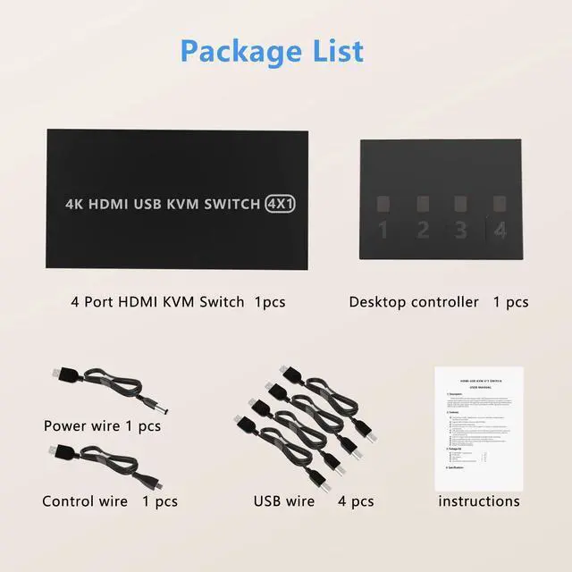 Alt view image 7 of 7 - 4x1 HDMI USB KVM Switch 4 Port, 4K@60Hz HDMI 4 in 1 Out KVM USB Switch One-Button Switch 4 Computers Share Keyboard Mouse Printer Monitor with 4x USB Cable,1x Controller,1x Power Cable