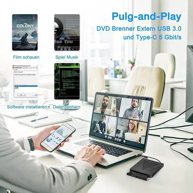 Alt view image 7 of 7 - Portable External CD DVD Drive, CD/DVD +/-RW Drive, USB 3.0 Type-C Slim CD ROM Burner Optical CD/DVD Drive for Laptop Desktop PC, Compatible with Windows/11/10/8/XP/Linux OS
