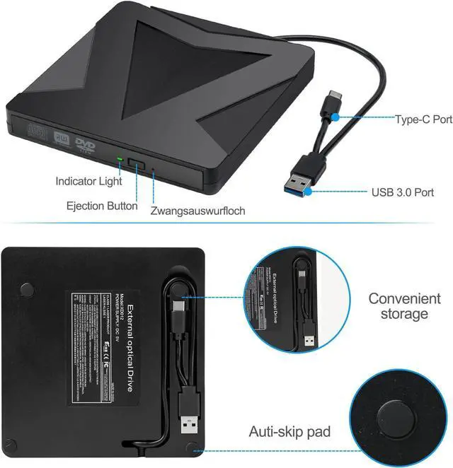 Alt view image 6 of 7 - Portable External CD DVD Drive, CD/DVD +/-RW Drive, USB 3.0 Type-C Slim CD ROM Burner Optical CD/DVD Drive for Laptop Desktop PC, Compatible with Windows/11/10/8/XP/Linux OS