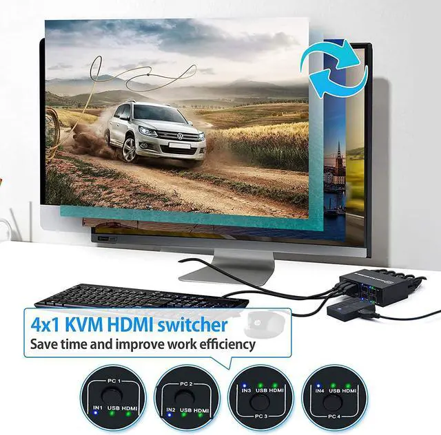 Alt view image 3 of 7 - 4x1 HDMI KVM Switch 4 Port,USB Switch 4 Computers Share with 1 Monitor HD 4K @60Hz One-Button Switch hdmi switch, 4 In 1 Out HDMI KVM Switcher with 4 USB Cable 1 Switch Button&Cable 1 Power Cable
