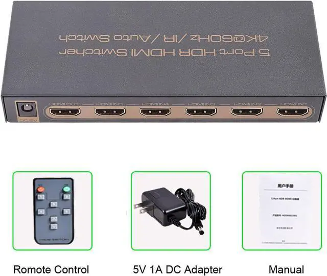Alt view image 7 of 7 - 4K @60Hz Premium 5 Port HDMI Switch with Remote, 5 in 1 Out 4Kx2K HDMI Auto Switcher, 5x1 HDMI Switch Support UHD, HDR10, Dolby Vision, Atmos, YCbCr 4:4:4, HDCP2.2 and CEC (with US Power Adapter)