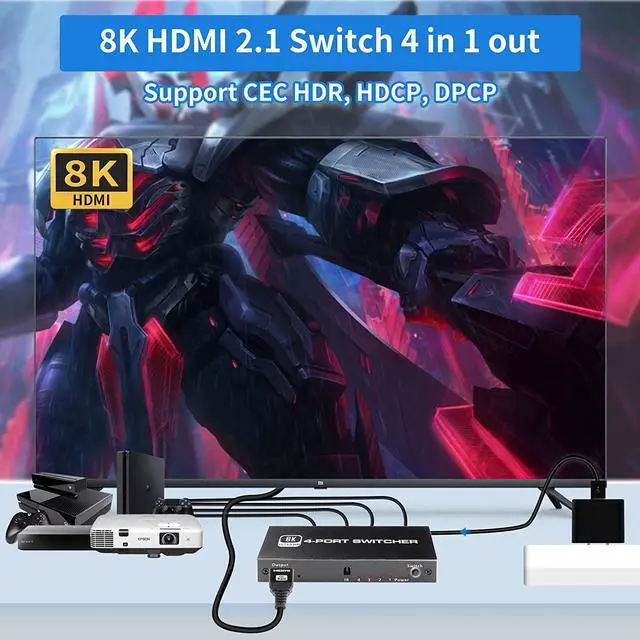Alt view image 5 of 7 - 8K HDMI 2.1 switch 4 in 1 out with IR remote control, HDMI 2.1 switch 4 ports 8K@60Hz 4K@120Hz 4 in 1 out HDMI hub 3D 1080P HDCP2.3 CEC for Xbox PS5 Blu-ray player projector monitor