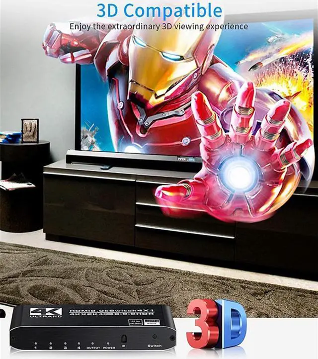 Alt view image 6 of 7 - 4k HDR HDMI Switch, 4-Port HDMI 2.0 Switch Selector with IR Remote Control, Supports HDCP 2.2 4K@60Hz UltraHD HDR10 3D HD1080P Dolby DST, HDMI Splitter for PS4 Xbox Apple TV Fire Stick