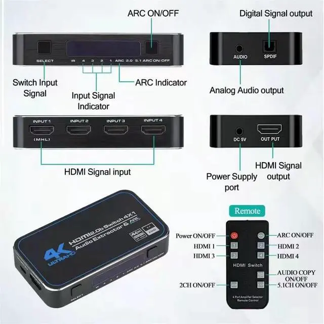 Alt view image 4 of 6 - HDMI Switch 4x1 with Audio Extractor, 4K@60Hz Ultra HD HDMI Switcher with Optical TOSLINK SPDIF, 3.5mm Audio Support ARC Function, 3D, 1080P @120Hz, 4Kx2k @60Hz HDTV (IR Wireless Remote Control)