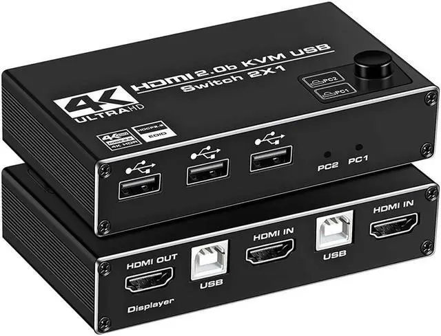 Main image of HDMI KVM Switch, 4K@60Hz 2x1 HDMI2.0 Ports + 3X USB KVM Ports, Share 2 Computers to one UHD Monitor, Support Wireless Keyboard and Mouse, USB Disk, Printer, USB Camera (Included 2 USB Cable)