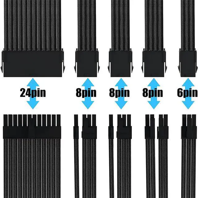 Alt view image 5 of 7 - Mod Sleeved Cable, Black Power Supply Cable Extension Kit, 24PIN ATX, 4+4 PIN EPS, Dual 6+2 PIN PCIE, 6 PIN PCI-E