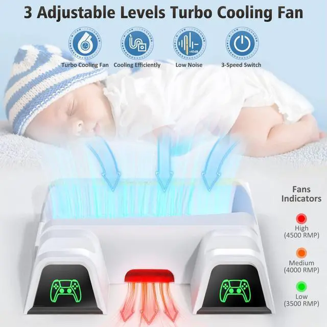 Alt view image 3 of 7 - PS5 Vertical Stand with Cooling Fan and Dual Controller Charger - Indicator Lamps and 12 Game Slots, Fast Cooling through Metal Base, PS5 Console Compatible