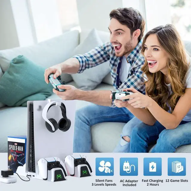 Alt view image 6 of 7 - PS5 Vertical Stand with Cooling Fan and Dual Controller Charger - Indicator Lamps and 12 Game Slots, Fast Cooling through Metal Base, PS5 Console Compatible