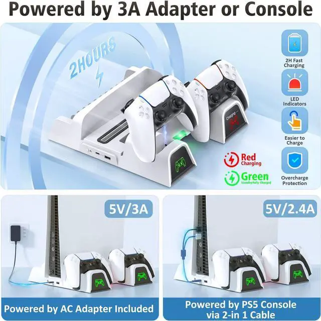 Alt view image 2 of 7 - PS5 Vertical Stand with Cooling Fan and Dual Controller Charger - Indicator Lamps and 12 Game Slots, Fast Cooling through Metal Base, PS5 Console Compatible