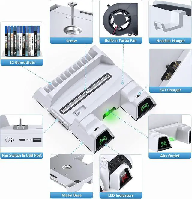 Alt view image 4 of 7 - PS5 Vertical Stand with Cooling Fan and Dual Controller Charger - Indicator Lamps and 12 Game Slots, Fast Cooling through Metal Base, PS5 Console Compatible