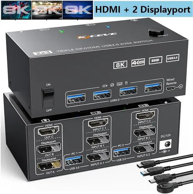 Main image of HDMI + 2 DP KVM Switch 3 Monitor 2 Computers 8K@60Hz 4K@144Hz, HDMI+2 Displayport Triple Monitor KVM Switch for 2 PCs 3 Monitors with 4 USB 3.0 Ports, Wired Remote Control and 5 cables included