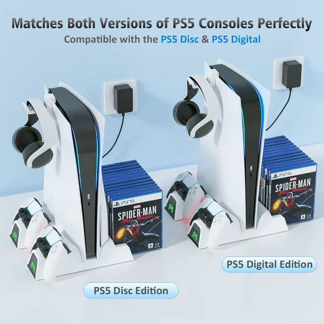 Alt view image 7 of 7 - PS5 Vertical Stand with Cooling Fan and Dual Controller Charger - Indicator Lamps and 12 Game Slots, Fast Cooling through Metal Base, PS5 Console Compatible