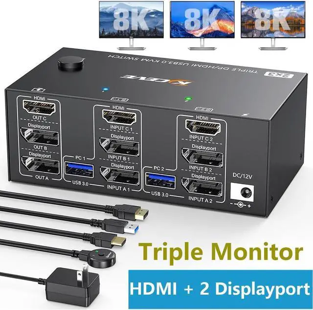 8K KVM Switch For 4 Computers & 3 Monitors - 4K144Hz With USB 3.0 Ports