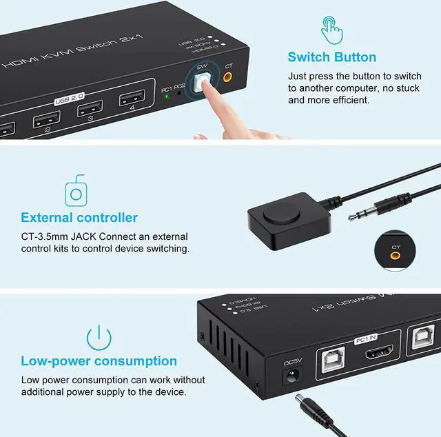 Alt view image 4 of 7 - KVM Switch HDMI 2 Port 4K @60Hz, 2 in 1 Out HDMI KVM Switch with 4 Port USB 2.0 for 2 Computers 1 Monitor Share Keyboard Mouse Printer Support Wired-Desktop Controller Including 2 USB 2.0 Cable