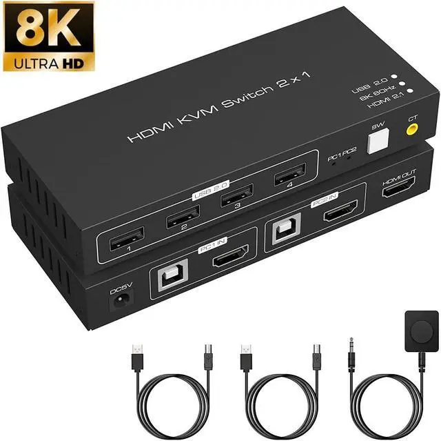 Main image of 8K HDMI KVM Switch 2 Port 8K @60Hz, 2 in 1 Out HDMI KVM Switch 4 Port USB 2.0 for 2 Computers 1 Monitor Share Keyboard Mouse Printer Support Wire-Desktop Controller Including 2 USB 2.0 Cable